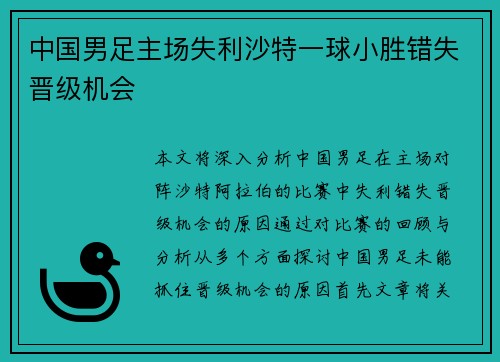 中国男足主场失利沙特一球小胜错失晋级机会