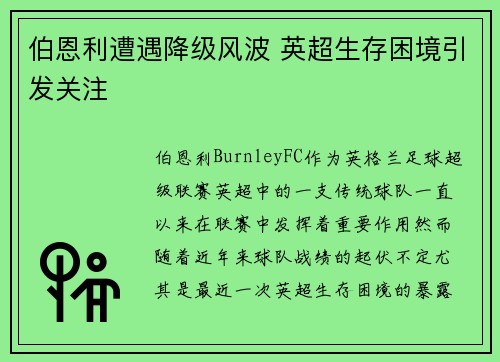 伯恩利遭遇降级风波 英超生存困境引发关注