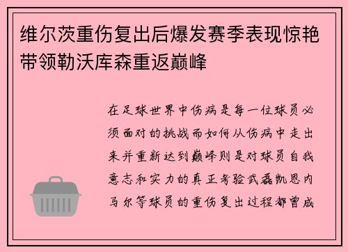 维尔茨重伤复出后爆发赛季表现惊艳带领勒沃库森重返巅峰